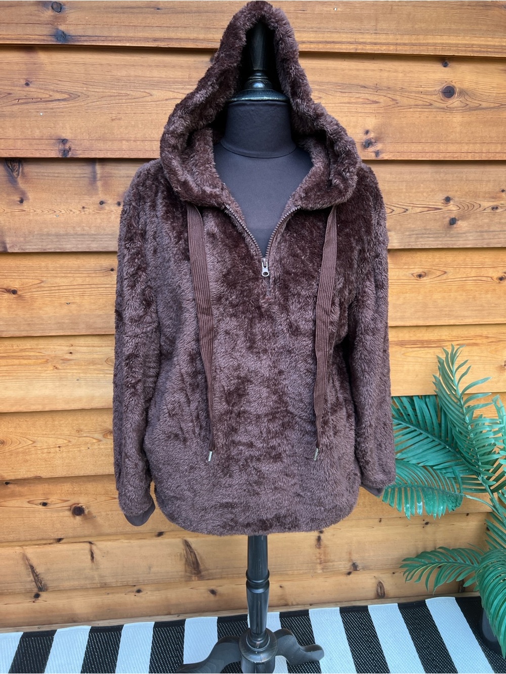 Plush Hooded Pullover Jacket - Brown